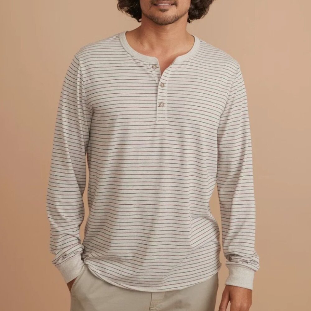 Marine Layer Mens Triblend Striped Long Sleeve Henley Oatmeal Heather Size Small
